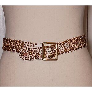 Vintage White Leather Belt With Gold Studs & Rhinestones 90's Y2K